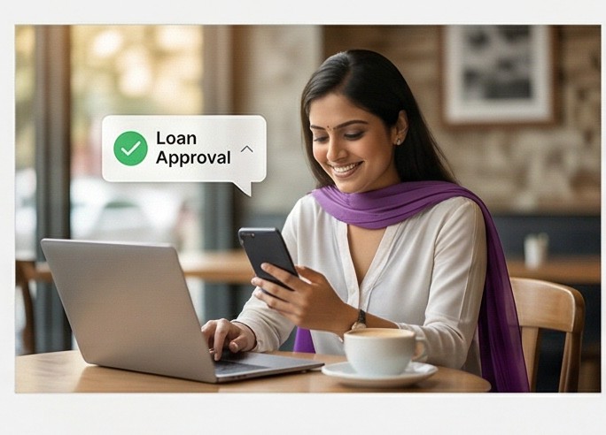 Online personal loan approval — woman with laptop